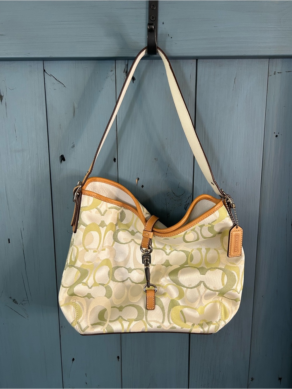 Vintage Y2K Coach Green & Cream Signature Jacquard Shoulder Bag - Early 2000’s